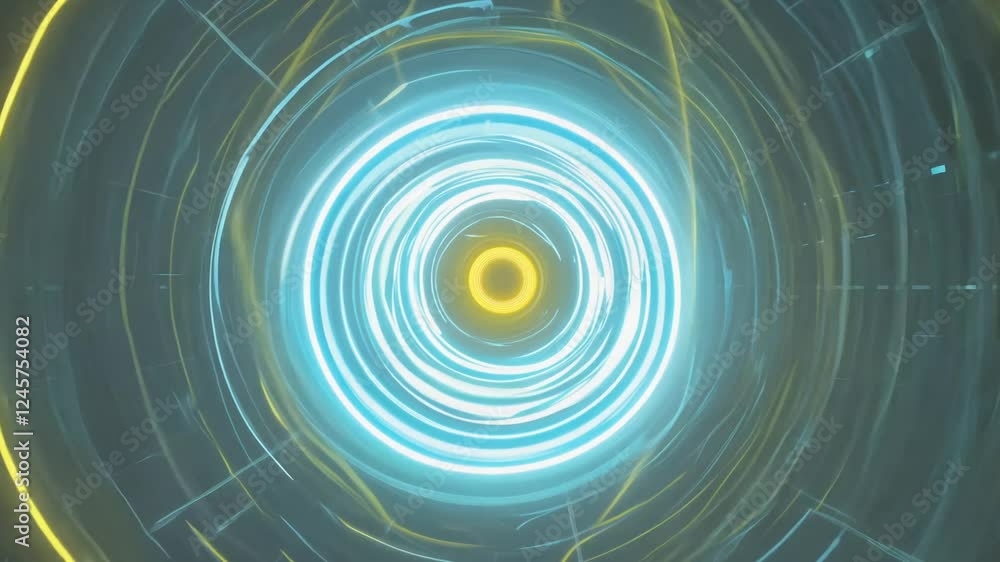 Poster the camera elegantly orbits a central point where glowing cyan and yellow lines converge and then mo