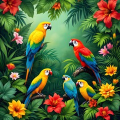 Vibrant Tropical Birds Surrounded by Exotic Flowers"