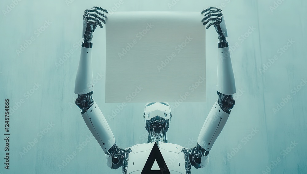 Poster futuristic robot holding blank sheet of paper in minimalistic environment for conceptual designs and