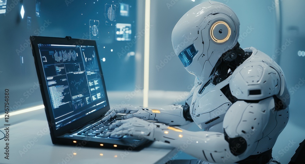 Poster futuristic robot operating laptop in high-tech environment with digital interface and data analysis 