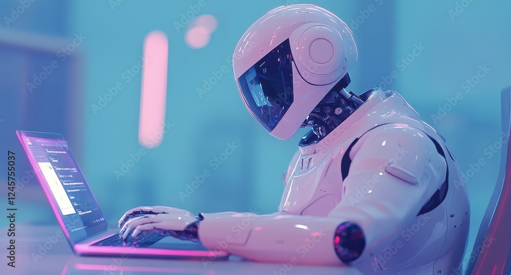 Aufkleber futuristic robot typing on laptop in vibrant neon room with digital interface, showcasing advanced t