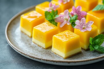 Mango cheesecake cubes, floral garnish, plate, dark background, dessert