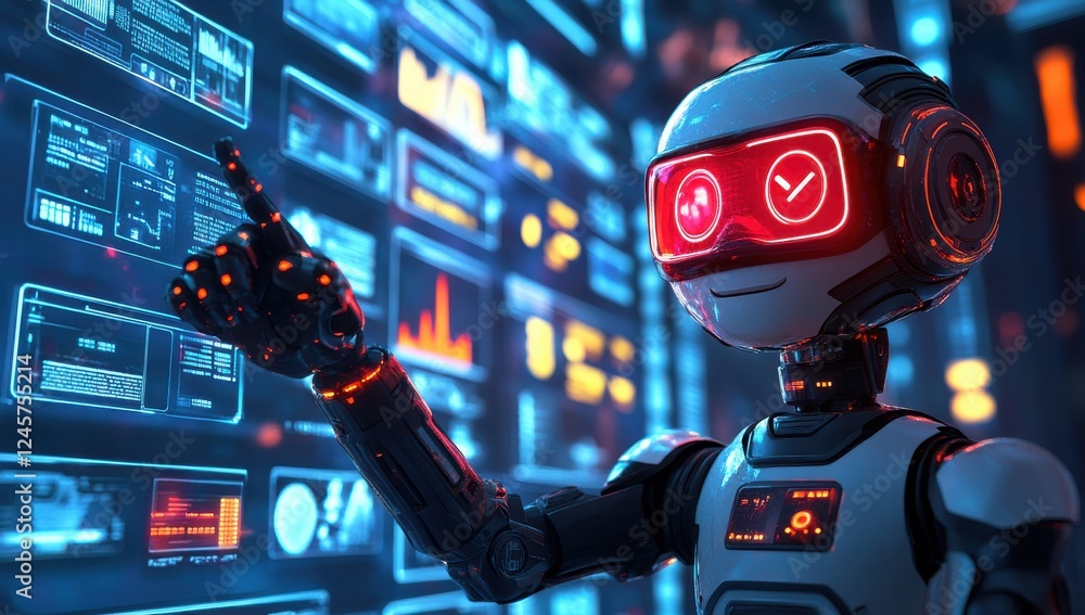 Aufkleber futuristic robot with virtual reality headset interacting with digital data display in a high-tech e