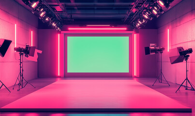 A modern virtual studio with a green screen and pink neon lights