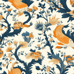 Naklejka premium Seamless pattern with koi fish and floral design