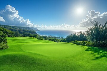Obraz premium Green grass golf course overlooking the ocean in Kauai, Hawaii, with trees, buildings, and a sunny sky, wide-angle shot.