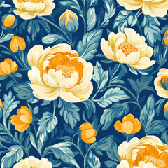 Seamless floral pattern with yellow flowers on blue background