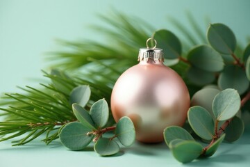 Palm fronds and eucalyptus leaves intertwined around a glass ornament in a soft pastel hue, ornaments, elegant, greenery