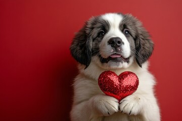 Anatolian shepherd dog - my cherished dog. Commercial conceptual art. Cute anatolian shepherd dog canine with sparkling rhinestones red heart - sign of love, funny greeting card. Pet love.