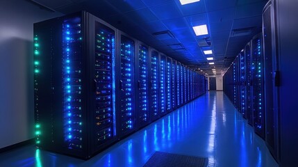 Moving Through a High-Tech Data Center with Close-Up View of Server Racks in Futuristic Animation