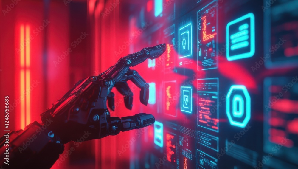 Poster futuristic robotic hand interacting with digital interface displaying glowing data panels in vibrant