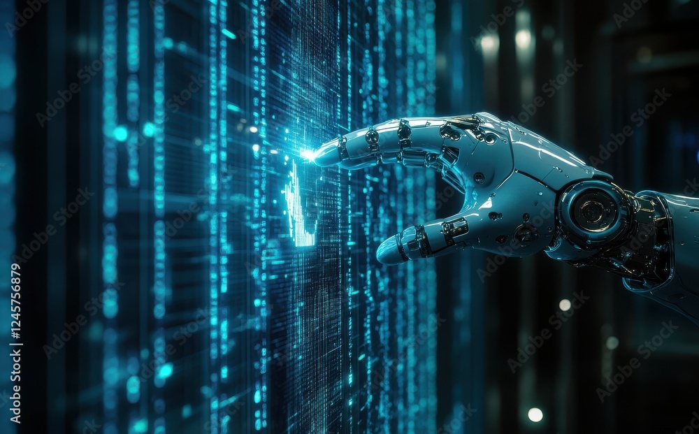 Poster futuristic robotic hand interacting with glowing digital data in a high-tech environment, showcasing