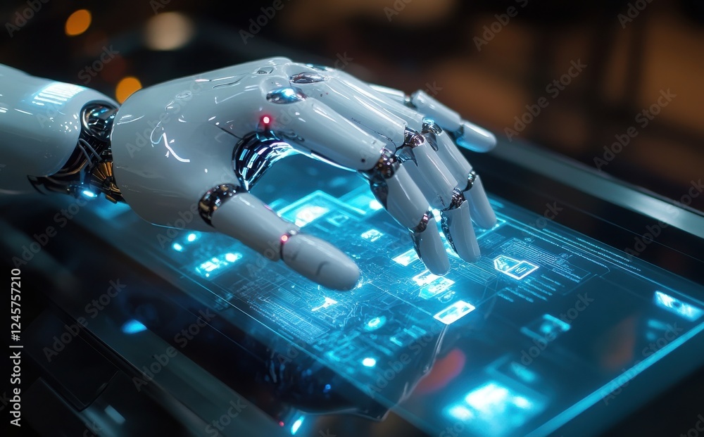 Poster futuristic robotic hand interacting with holographic display in a technology-focused environment sho
