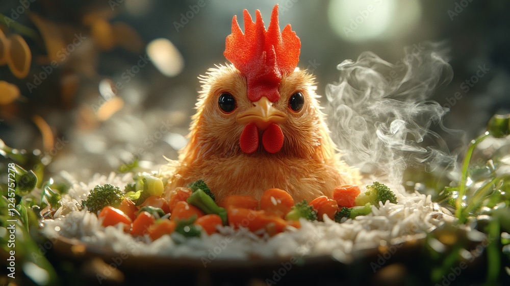 Poster hyperdetailed 3d rendering of featherless rooster calmly sitting in a rice and vegetable bowl steam 