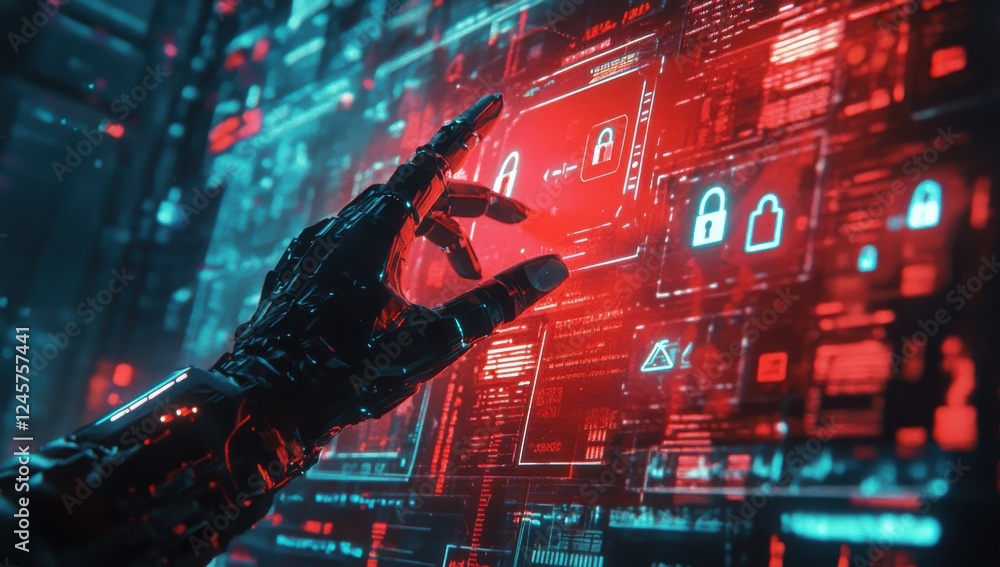 Poster futuristic robotic hand interacts with glowing digital interface featuring red and blue security ico