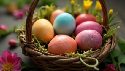 Close-up of dyed eggs in a rustic basket, colorful spring blooms, macro, easter eggs