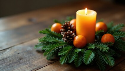 Pinecone and orange wreath on a wooden table with a warm candle light, winter wreath, natural elements, rustic decor