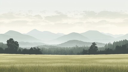 Serene mountain vista, field foreground, peaceful dawn