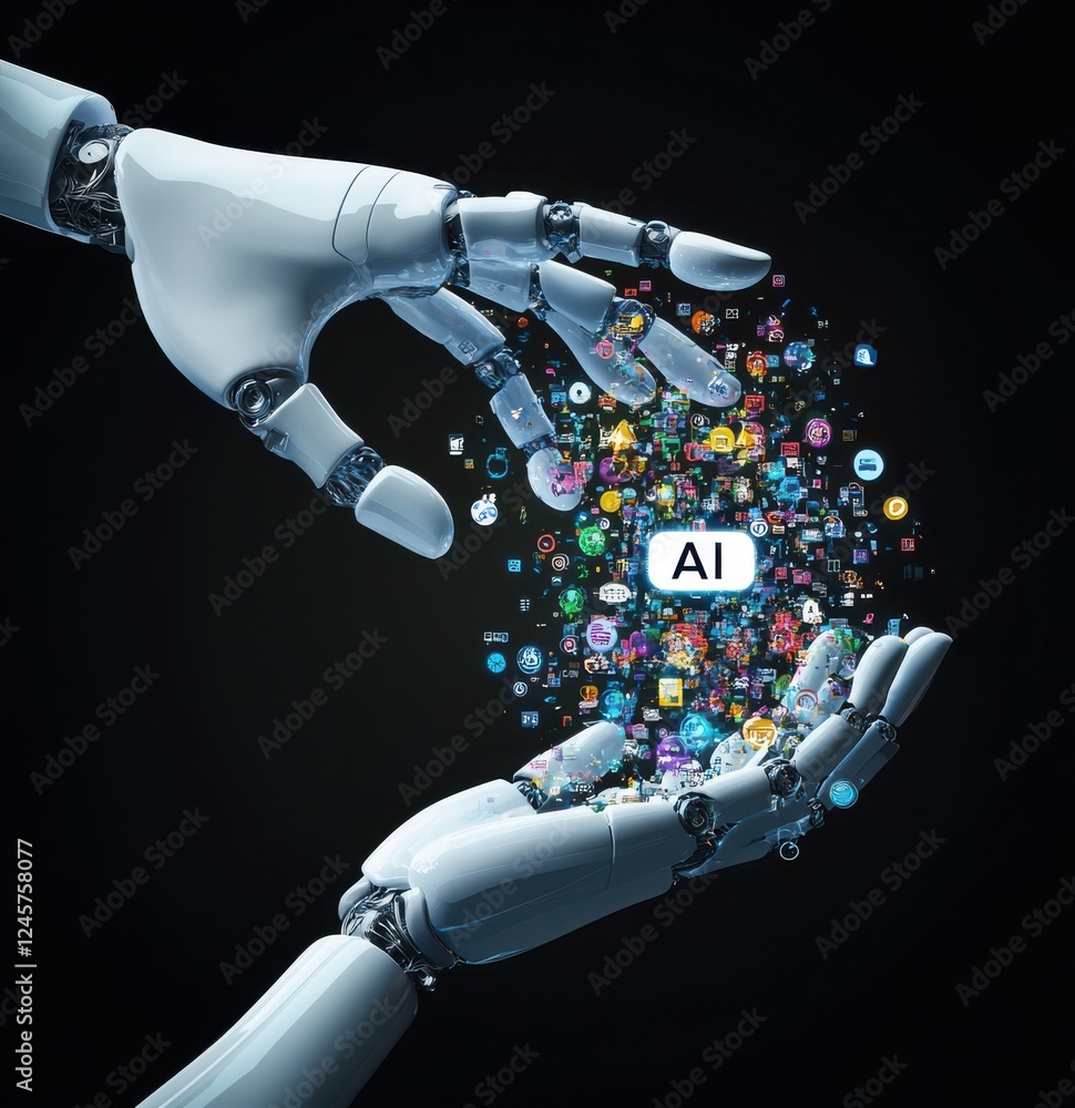 Poster futuristic robotic hands interacting with a vibrant display of digital icons representing artificial