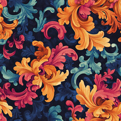 Colorful baroque floral pattern with ornate swirls