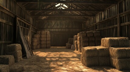 Rustic Barn Interior Filled with Hay Stacks