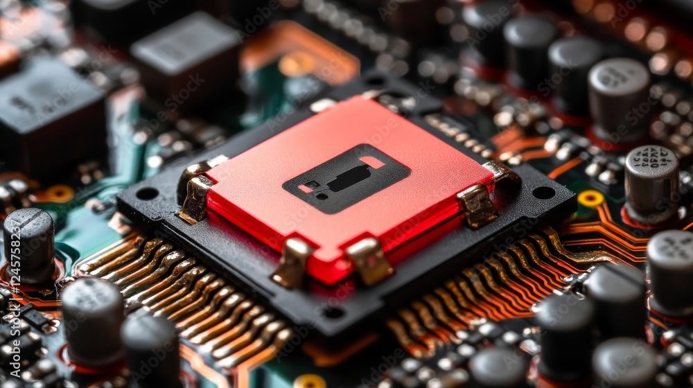 Poster close-up of a red microchip on a circuit board