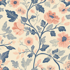 Floral pattern with pink flowers and blue leaves