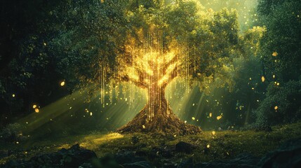 Obraz premium Golden tree of life in mystical forest; fantasy background, concept art