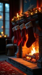 Naklejka premium Cozy fireplace with glowing embers & hanging stockings, rustic, festive