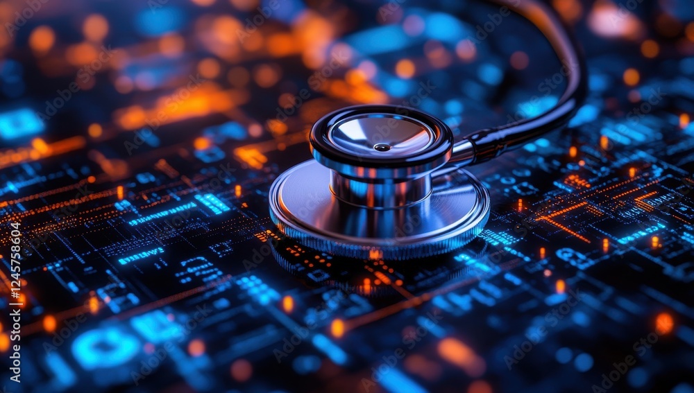 Poster futuristic stethoscope on abstract digital background with glowing lights and technology elements re