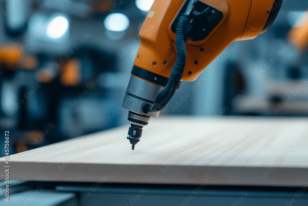 Poster sleek robotic arm assembling custom wooden table