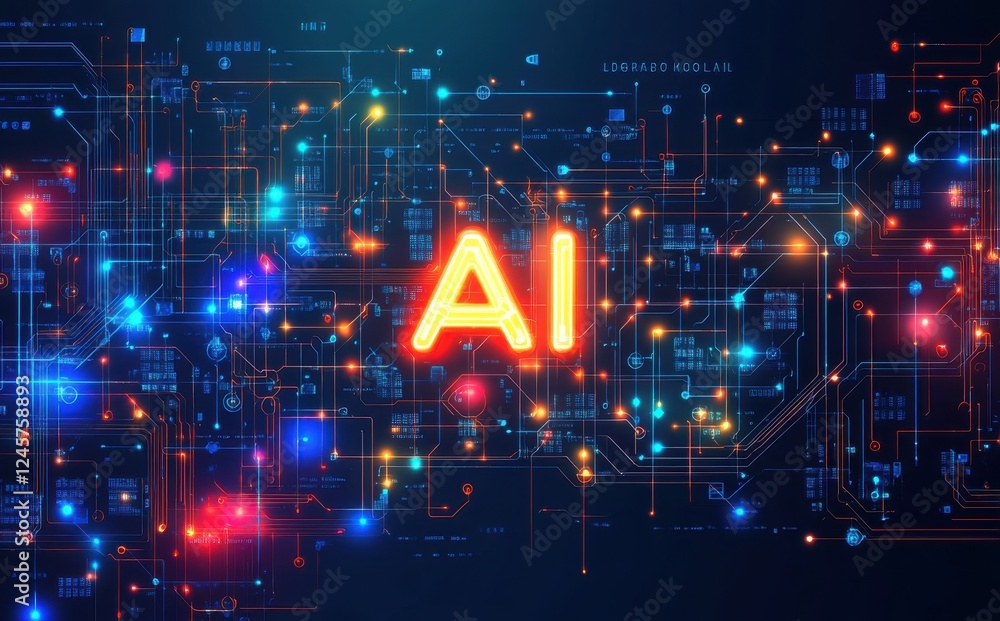 Poster futuristic technology background with neon ai sign and circuit patterns in a digital network environ