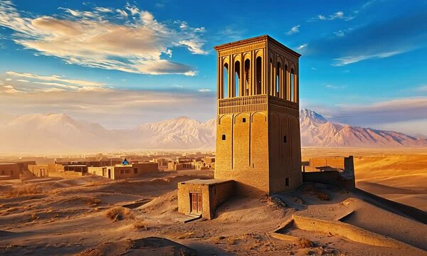 Historic windcatcher tower at sunset over desert landscape