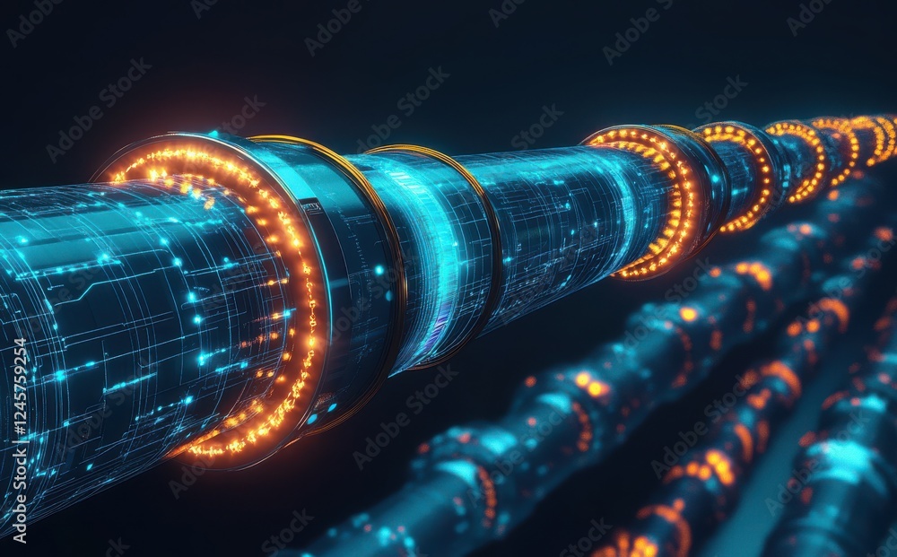 Poster futuristic technology illustration of interconnected glowing data pipelines with intricate circuits 