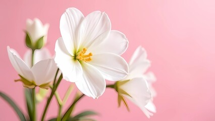 White flowers on pastel pink background, minimalist interior design