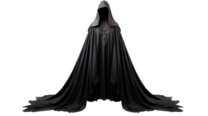 Mysterious Black Cloak with Elegant Design for Use in Fantasy Themes and Costume Creations