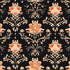Fototapeta premium Elegant floral damask pattern with orange accents