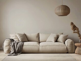 Beige sofa, neutral room, pampas grass, interior design mockup