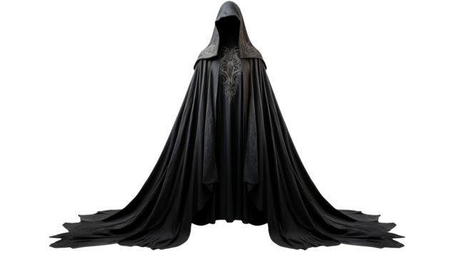 Mysterious Black Cloak with Elegant Design for Use in Fantasy Themes and Costume Creations