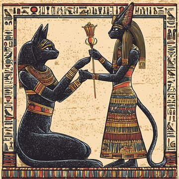 Ancient Egyptian Cat Goddesses Bastet and Sekhmet Offering Lotus Flower.
