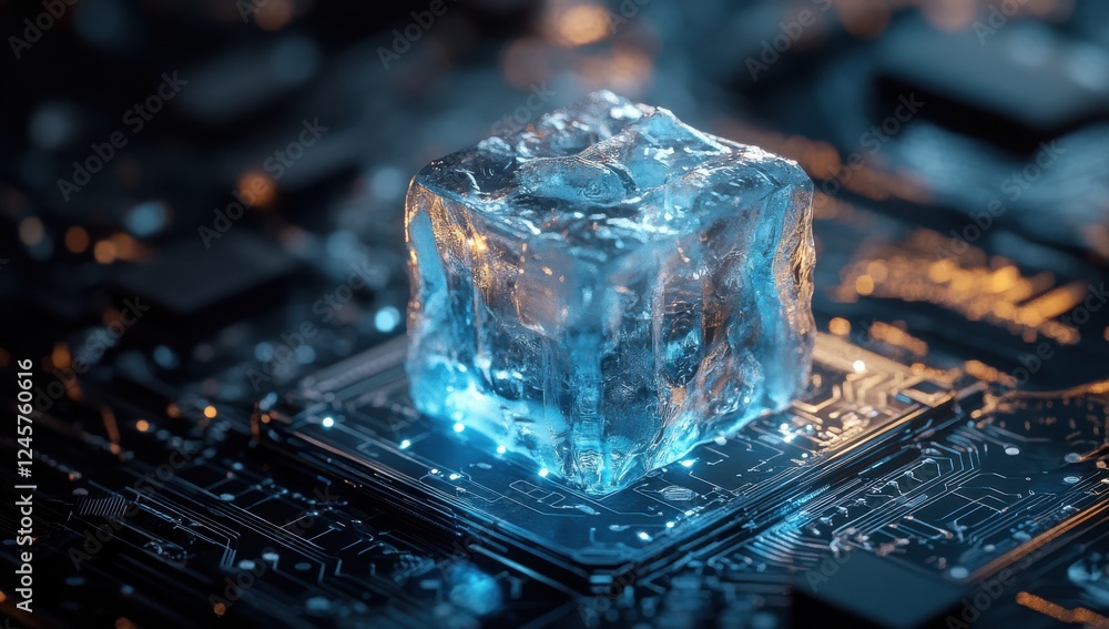 Poster glowing ice cube on circuit board surface representing technology and cooling with light reflections