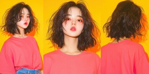 cheerful South Korean girl model with shoulder-length hair styled in a carefree, messy look. She wears a loose, comfortable t-shirt paired with denim shorts, giving off a relaxed, fun vibe.