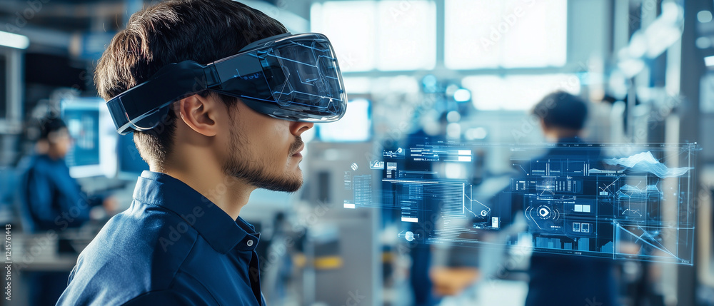 Poster man wearing VR headset interacts with virtual interface in tech lab