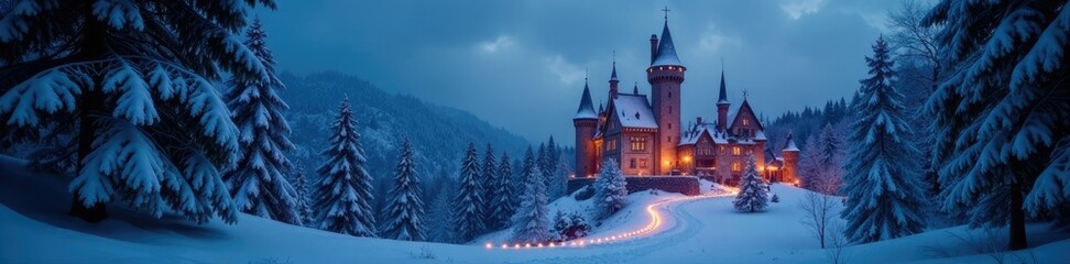 Obraz premium Snowy forest surrounding the castle with twinkling lights, snow, illuminated, winter