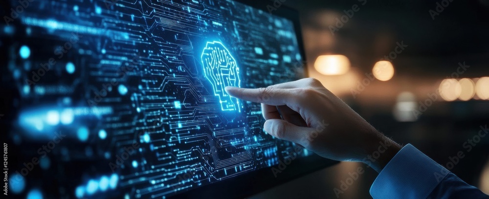 Poster hand interacting with futuristic artificial intelligence display on digital screen in a technology-d