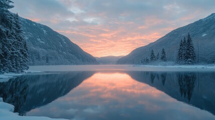 A scenic winter sunrise with soft pastel colors reflecting off a snowy landscape 