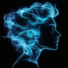 Hyperdetailed ultrarealistic silhouette of woman's head with upswept hair in glowing turquoise neon colors set against a deep black background vibrant and striking contrast