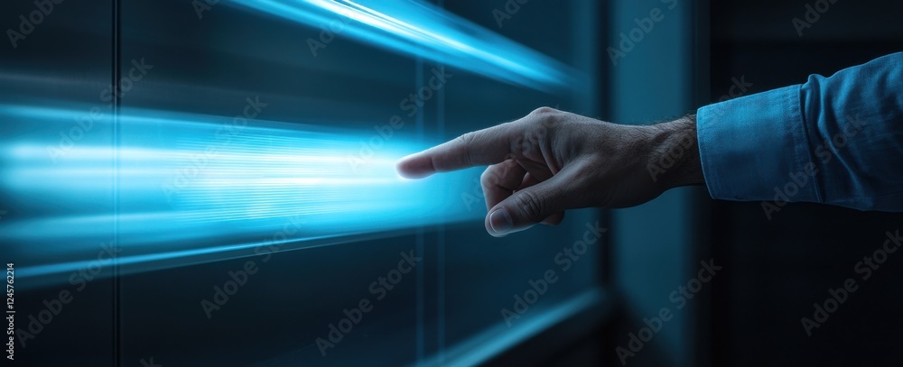 Poster hand reaching out to touch futuristic neon light in dark environment with soft light reflection and 