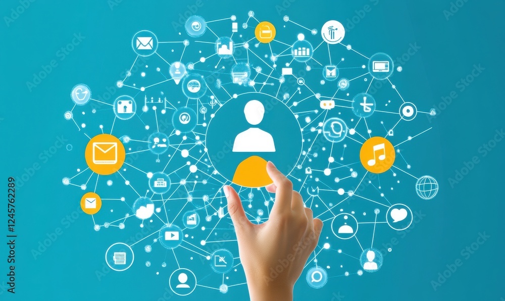 Aufkleber hand selecting user profile icon in digital network with various communication and social media symb