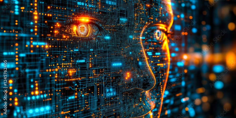 Poster ai-driven digital navigation interface with futuristic face visualization in complex ecosystem